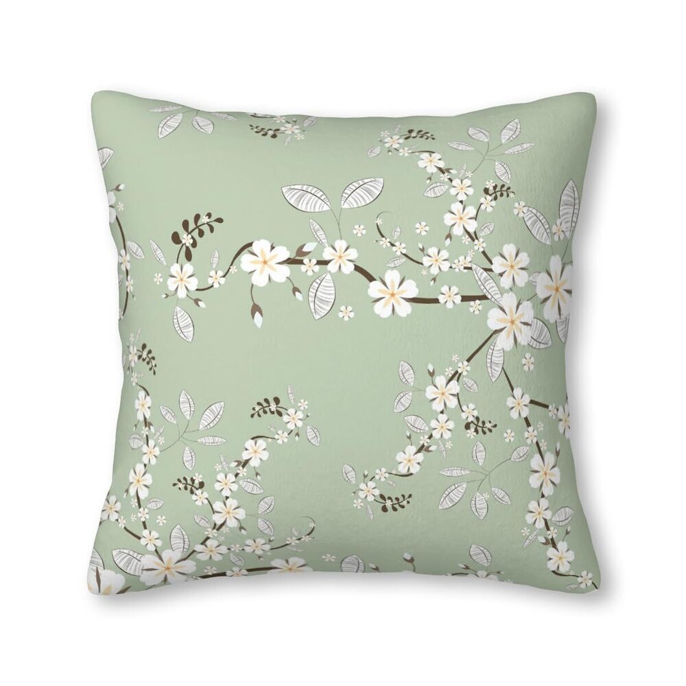 5574 White Japanese Blossoms on a Sage Green Background Velvet Throw Pillow